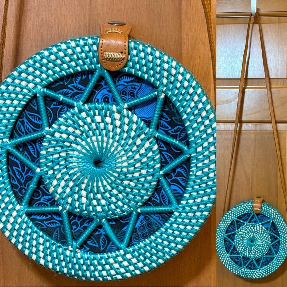 Purchased in Cyprus Turquoise Blue Woven Circular Cross Body Bag